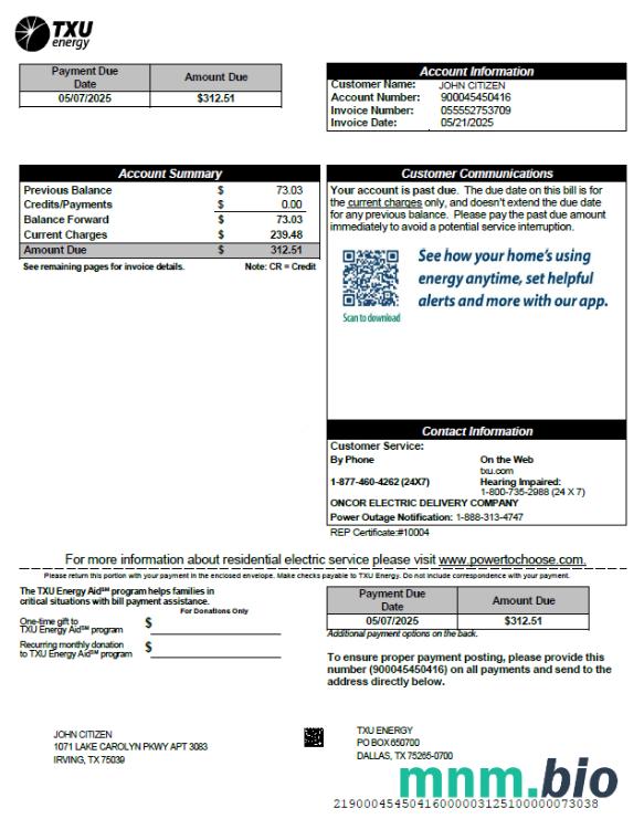 Szablon rachunku za media energetyczne USA TXU w formatach Word i PDF, Wersja 7